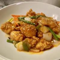 Shine's Crispy Chicken · Breaded chicken and crispy vegetables in spicy sweet glaze.