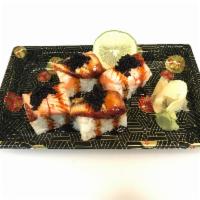 S3. Angel Roll · Tempura asparagus inside, wrapped in torched salmon, eel, eel sauce, and tobiko.