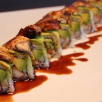 S9. Dragon Roll · Kani, avocado, cucumber inside, wrapped with eel, and avocado.