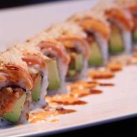 S10. Crazy Salmon Roll · Spicy salmon, avocado inside, seared salmon, spicy mayo,  crunch on top