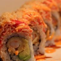S13. Spicy Girl Roll · Shrimp tempura, avocado, spicy crab, crunch on top