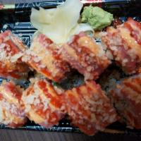 S27. Fire Fighter Roll · Spicy crab, avocado, spicy tuna, crunch, spicy mayo, siracha