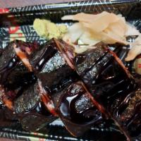 S19. Black Dragon Roll · Black  rice, avocado, crabmeat, cucumber  w/ eel, seaweed on top