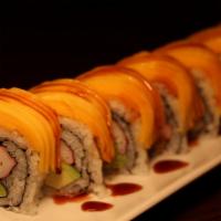 Mango Tango · Shrimp Tempura, Kani, Avocado with mango and eel sauce on top