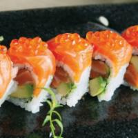 Salmon Fever Roll · Salmon, spicy salmon and avocado inside topped with fresh salmon and ikura.