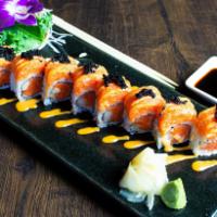 Spicy Girl Roll · Crunch spicy tuna, spicy white tuna, covered with crunchy spicy salmon, spicy mayo and fish ...