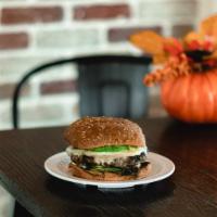 BTW Mushroom Burger · Mushroom patty (portobello and white mushrooms, brown rice), vegan cheese, red leaf lettuce,...