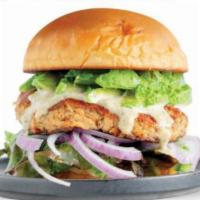 BTW Salmon Burger · 1/3 lb. house made salmon patty with dill and red leaf lettuce, avocado, red onion and soy m...