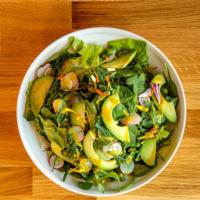 Golden Goddess Salad · Baby gem lettuce, wild arugula, baby spinach, dill, chives, shaved radish, avocado, fresh tu...