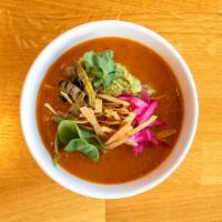 Tortilla Soup · Spinach, chiles, tomatoes, grilled nopales and avocado. Vegetarian and gluten-free.