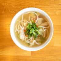 Organic Chicken Noodle Soup · Udon noodles and vegetables.
