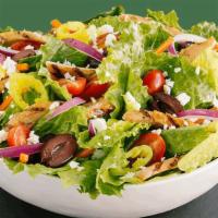 Greek Salad · Romaine lettuce, grilled chicken, banana peppers, carrots, grape tomatoes, Kalamata olives, ...