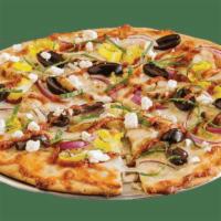 Athenian Personal Pizza · Olive oil, mozzarella, feta, grilled chicken, minced garlic, banana peppers, red onions, bas...