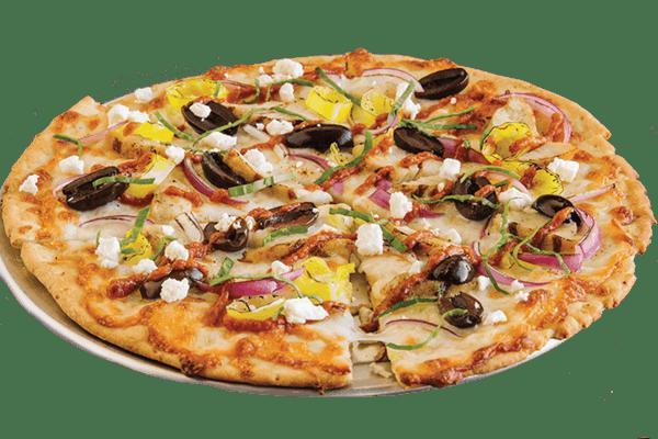 Athenian Personal Pizza · Olive oil, mozzarella, feta, grilled chicken, minced garlic, banana peppers, red onions, basil, Kalamata olives, sun-dried tomato puree.