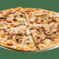 Chicken Carbonara Personal Pizza · Alfredo sauce, mozzarella, Parmesan, grilled chicken, mushrooms, crushed red peppers, bacon.