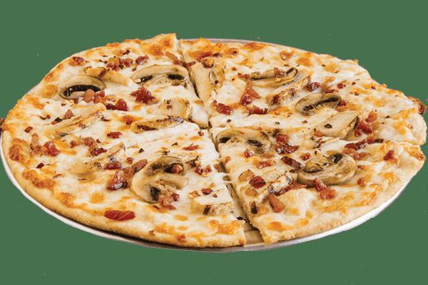 Chicken Carbonara Personal Pizza · Alfredo sauce, mozzarella, Parmesan, grilled chicken, mushrooms, crushed red peppers, bacon.