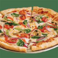 Farmer's Market Personal Pizza · Tuscan marinara, mozzarella, mushrooms, red onions, spinach, red and green peppers, grape to...
