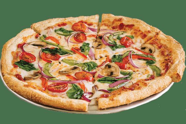 Farmer's Market Personal Pizza · Tuscan marinara, mozzarella, mushrooms, red onions, spinach, red and green peppers, grape tomatoes.