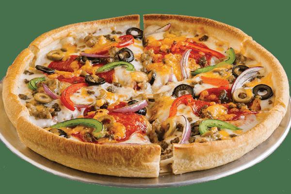 Five Star Personal Pizza · Tuscan marinara, mozzarella, cheddar, Italian sausage, pepperoni, beef, green olives, red and green peppers, black olives, red onions.