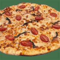Margherita Personal Pizza · Olive oil,  mozzarella, Grape tomatoes, minced garlic, basil.
