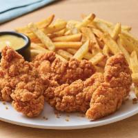 5 Piece Chicken Tenders Basket · Lightly battered fried chicken tenders served with fries and honey mustard sauce. 
