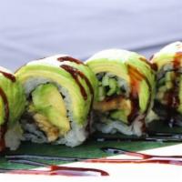 Caterpillar Roll · Eel roll topped with avocado and eel sauce
