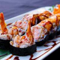 Lobster Roll · Lobster meat, shrimp tempura, crabmeat inside with baked spicy mayo and eel sauce on top