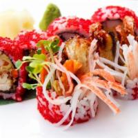 No Problem Roll · Soft shell crab, shrimp tempura, eel, crabmeat, avocado, radish sprouts, burdock and flying ...