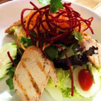 Grilled Chicken Satay salad · Grilled marinated chicken, mixed green, cucumber, red onion, tomato and carrot with peanut s...