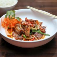 Crispy Pork Kraprow · Stir fried with fresh basils, string beans, onions, red bell peppers, green long hot chilies...