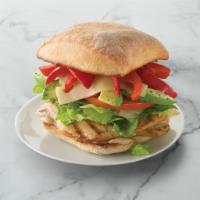 California Chicken Sandwich · Chicken, Swiss cheese, roasted red pepper, romaine, avocado, and tomato with house-made blac...