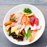 Chirashi Sushi  · Assorted sashimi (10 varieties) over a bed of sushi rice.