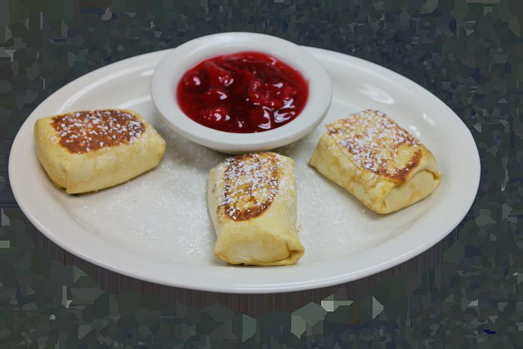 Cheese Blintzes · Served with sour cream or applesauce Add: blueberry or strawberry compote for an additional charge.