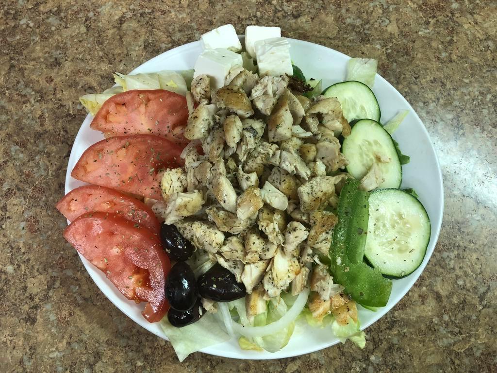 Greek Chicken Salad · Served with chicken with lettuce, tomatoes, onions, cucumbers, green pepper, feta cheese and olives.