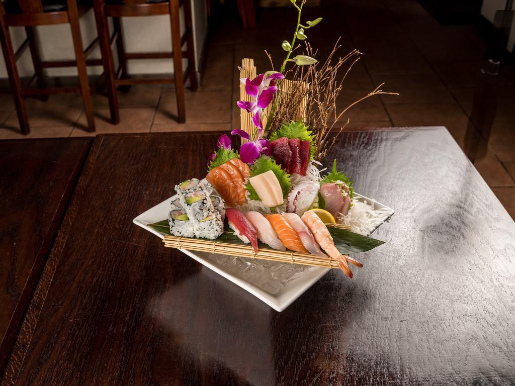 Sushi and Sashimi Combo: · 12 pieces sashimi, 5 pieces Sushi and California roll.