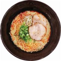 Karai Tonkotsu Ramen · Japanese style ramen.
Spicy pork broth; garlic, chilli oil,  pork chashu, bean sprout and gr...