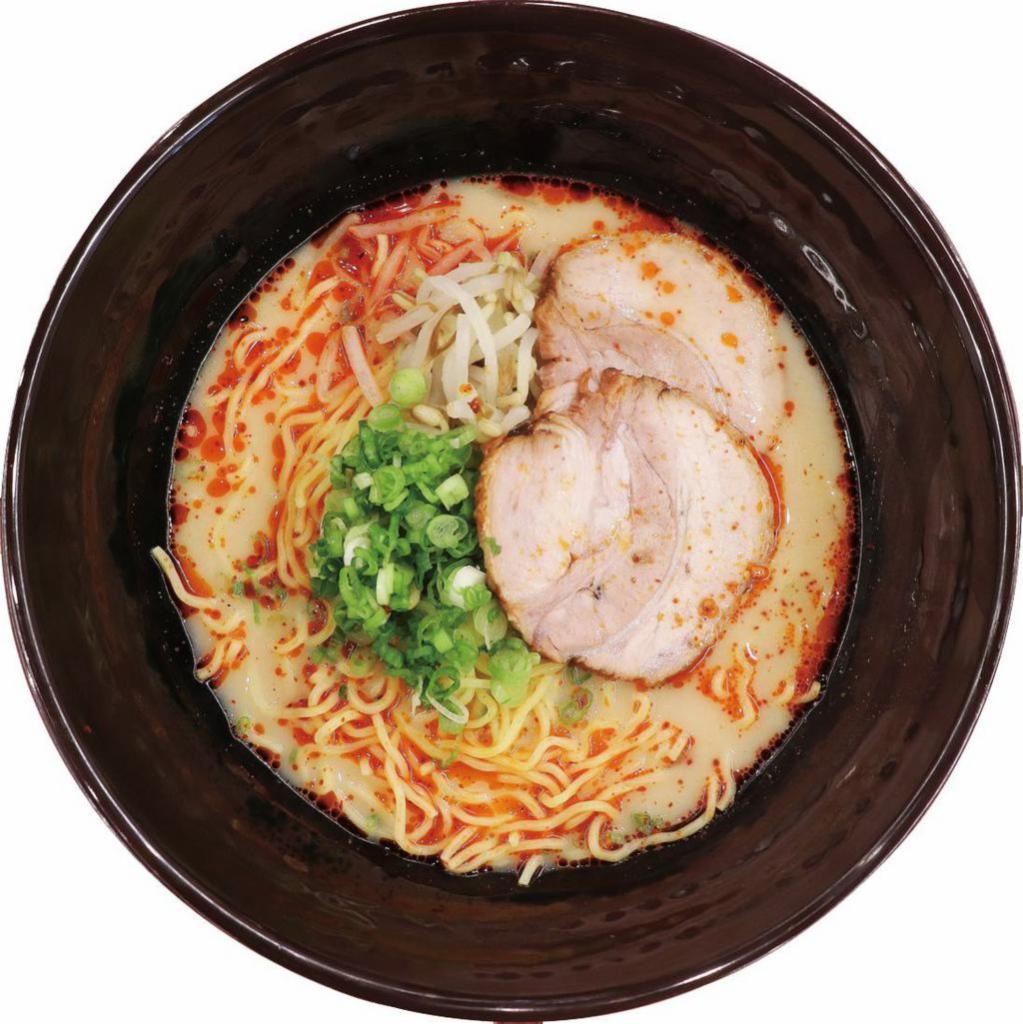 Karai Tonkotsu Ramen · Japanese style ramen.
Spicy pork broth; garlic, chilli oil,  pork chashu, bean sprout and green onion