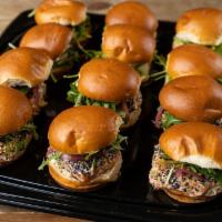 Salmon Slider Platter · one dozen everything bagel spice crusted salmon, creamy herb cheese, arugula, pickled red on...
