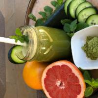 Organic Slenderizer Juice · Organic matcha tea, organic cucumber, organic mint, and organic grapefruit.
