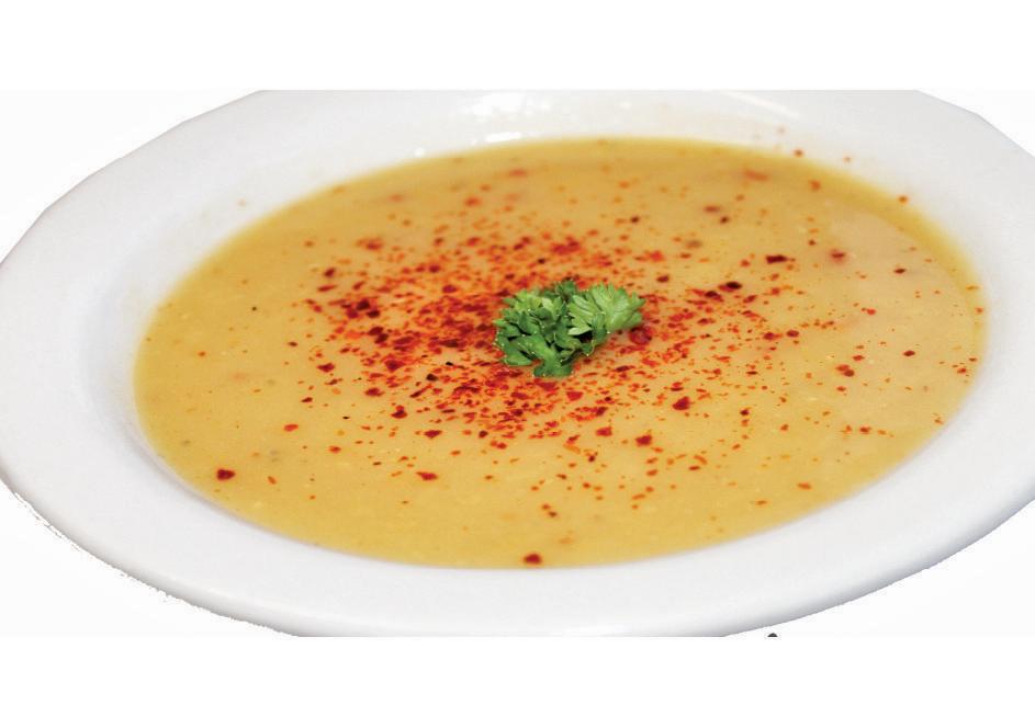 Lentil Soup · Red lentil with sauteed onions and Dunya spices.