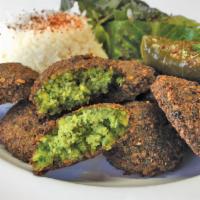 Falafel  6 Piece  Plate · Mixture of crushed chick peas, parsley, garlic, onion and spices. Comes with tahini and hot ...