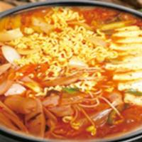 Budae Jiggae · Kimchi soup with sausages, tofu and vegetables
comes with rice