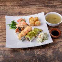 Bento Box C · Shrimp sushi, eel sushi, dragon roll, M16 roll, and shumai. Served with miso soup, seaweed s...