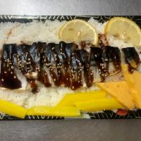 JD16. Saba Piri Piri · Cooked mackerel with eel sauce. Served with miso soup and salad.