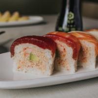 Box Sushi · Salmon, snow crab mix, topped with masago aioli and baked, sesame seeds, tsu sauce, and scal...