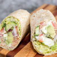Veggie Wrap · Served with feta cheese, lettuce, tomato, onions, avocado and ranch dressing.