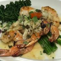 Grilled Jumbo Shrimp · Broccolini, Blistered Tomato, & Lobster Beurre Blanc