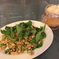 Y4. Larb · Chicken, beef or pork minced meat salad with toasted ground rice and chili powder, fish sauc...