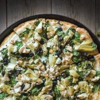 Greek Delight Pizza · Alfredo white sauce, spinach, grilled chicken, artichoke hearts, black olives, feta cheese.