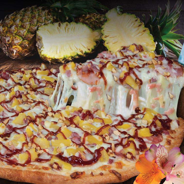Hawaiian Luau Pizza · Canadian bacon, ham, pineapple, toasted almonds, BBQ sauce drizzle.
